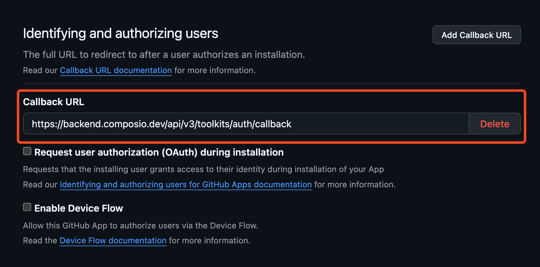 Developer settings for GitHub OAuth2 app